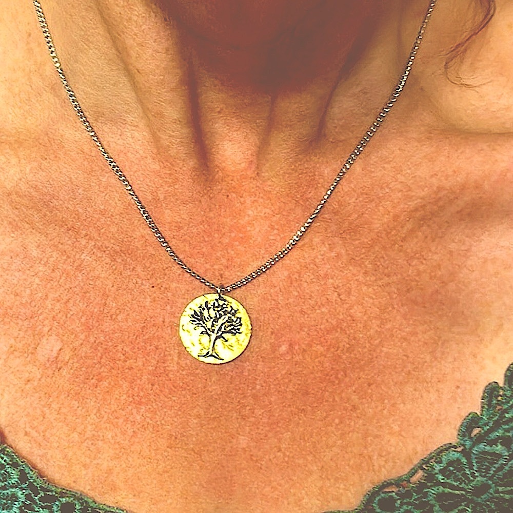 🔥SALE🔥NWT 18" Sterling Tree of Life on Bronze Disc Necklace Two Tone USA Made - Picture 2 of 5